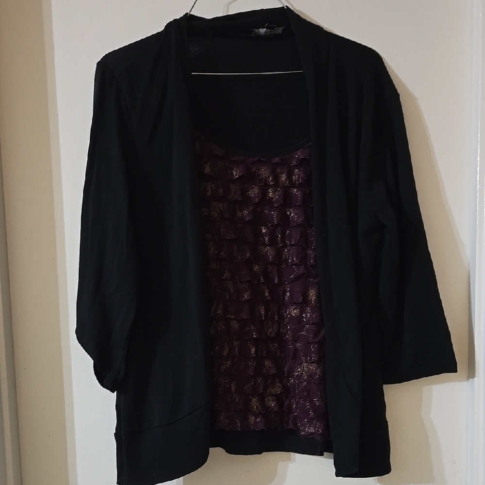 Ladies Black and Purple With Gold‎ Shimmer Notations Petite Blouse Sz PL